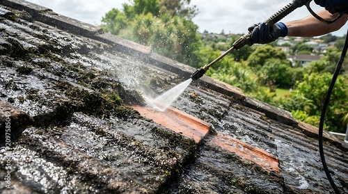 Professional pressure washing of mossy roof tiles