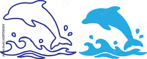 Set of blue dolphin icons jumping out of ocean waves, minimalist vector illustration for marine life, summer vacation, and aquatic animal design.