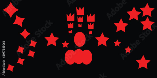 Collection of red star shapes and crown icons on a black background, decorative graphic elements for festive designs, celebrations, and royalty.