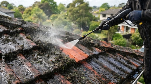 Professional roof cleaning using a highpressure water sprayer