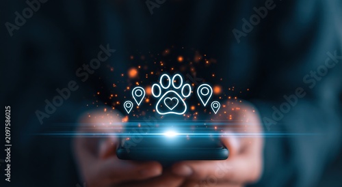 Pet smartphone app with digital paw icon for veterinary gps and location tracking