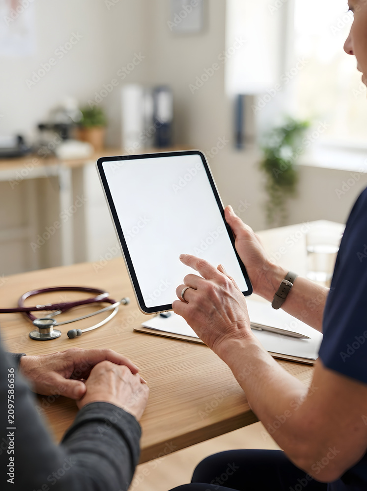 Fototapeta premium Nurse Showing Blank Digital Tablet Screen to Patient During Healthcare Consultation