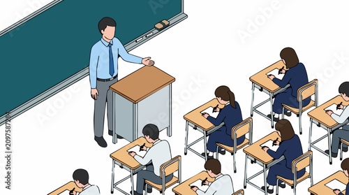 Isometric illustration of a teacher and students taking an exam in a classroom