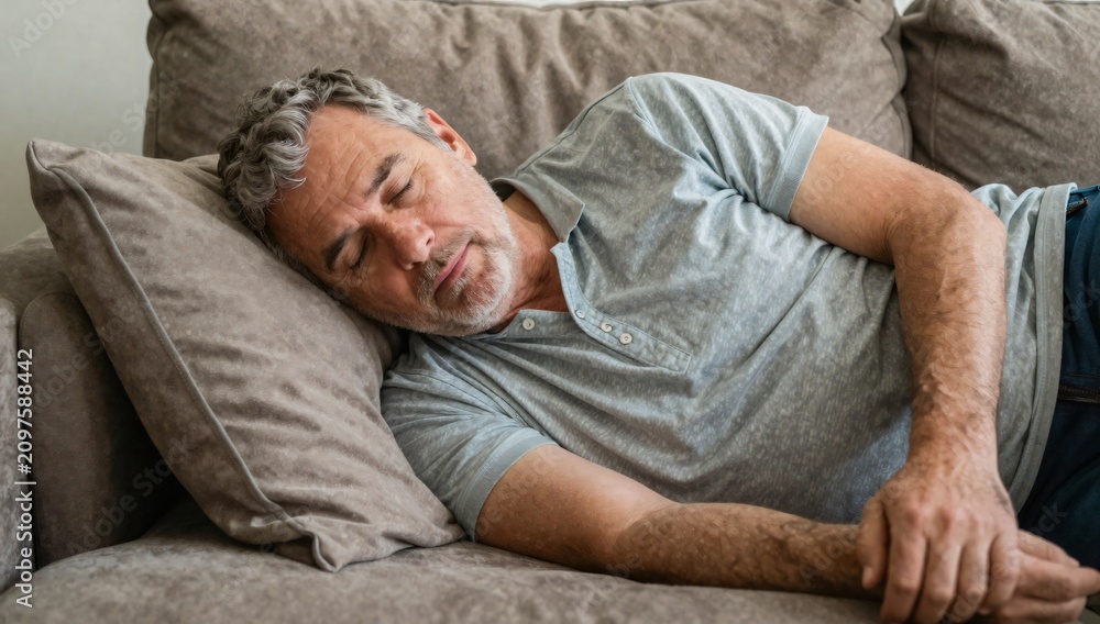 Obraz premium Mature man taking a nap on the couch during the day in his living room