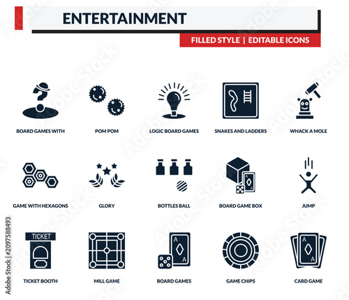 Konstfotografi filled entertainment icons set - pom pom, logic board games, snakes and ladders, whack a mole
