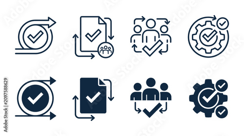 Set of business process and productivity icons with checkmarks arrows and team concepts in dark blue workflow business