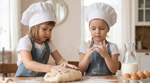 Two young children wearing chef hats and aprons are happily kneading dough on a kitchen table surrounded by flour, milk, and eggs.