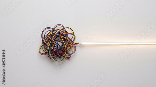 A tangled mess of colorful wires illuminated by a bright, glowing light source