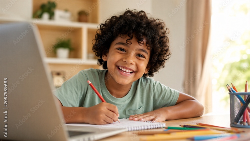 Obraz premium Happy young boy with curly hair sits at his desk writing in a notebook while using a laptop for schoolwork.