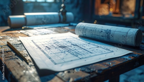 Architectural schematic details on a dark vintage desk.