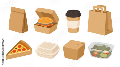 Tableau sur toile Takeout food packaging set with burger coffee pizza and salad