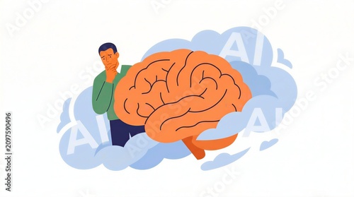 Thoughtful man contemplates human cognition and artificial intelligence amidst swirling clouds of data.