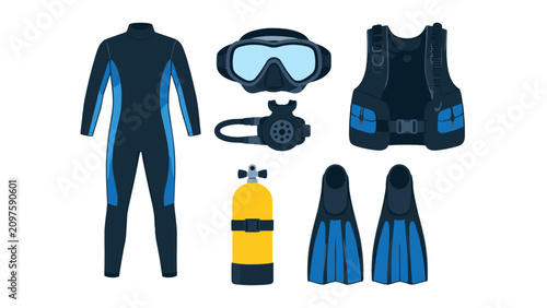 Obraz na plátně Scuba diving equipment set with wetsuit tank mask and fins