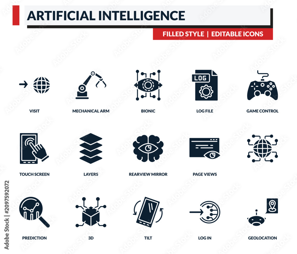Εκτύπωση καμβά filled artificial intelligence icons set - mechanical arm, bionic, log file, game control