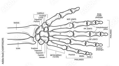 Foto Anatomical Illustration of Human Hand Skeleton with Labels