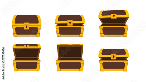 Set of wooden treasure chests in open and closed positions