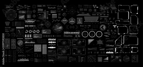 abstract technology bacSci-fi visual collection, big set HUD, UI graphic elements. Futuristic cyberpunk UI - circle radars, charts, warnings, frames, data panels, crosshair and othkground with numbers