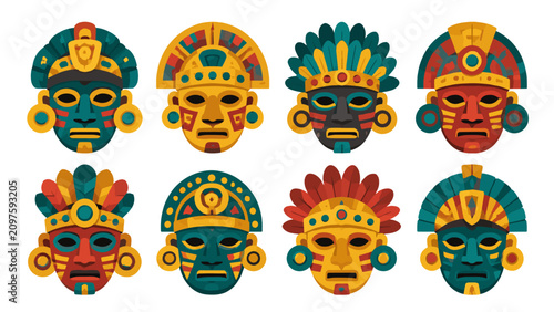 Foto Set of colorful ceremonial mask faces with ornate headdresses