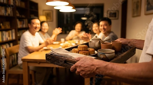 Family gathering for a meal with food and tea service indoors