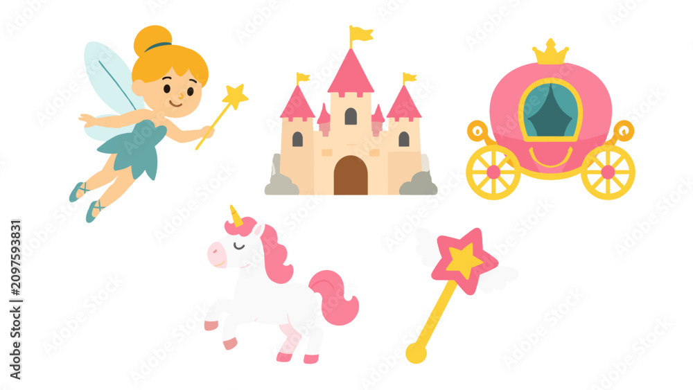 Obraz premium Cute fairy tale vector set with fairy castle carriage and unicorn