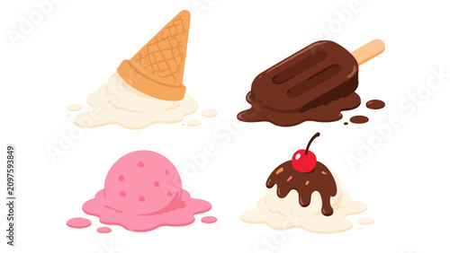 Obraz na płótnie Set of melting ice cream desserts and chocolate popsicle