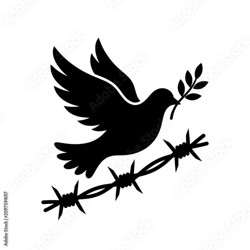 Obraz na plátne Black silhouette of a dove carrying an olive branch over barbed wire