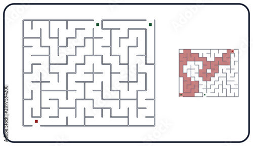 Hard rectangular maze with dark blue frame, grey orthogonal labyrinth with pink filled cells solution path, puzzle with two green entrances, one false route and red square exit