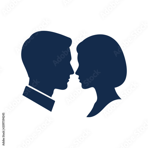 A dark blue silhouette of a man and woman facing each other