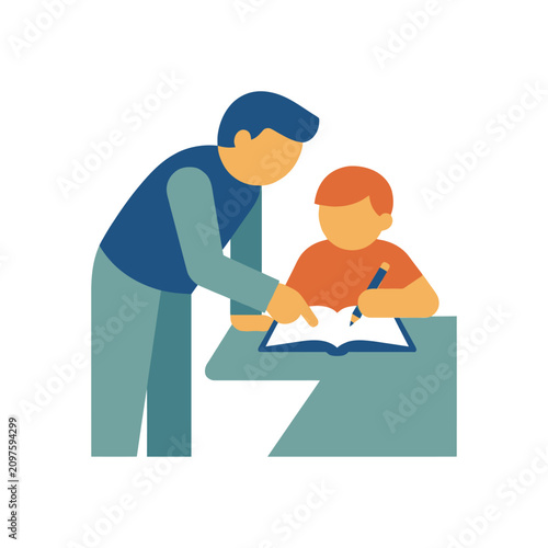 A teacher helping a young student with his school homework