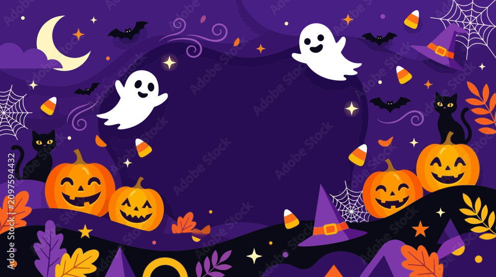 Fototapeta premium Festive Halloween Vector Background with Spooky Pumpkins, Ghosts, and Witch Hats for Autumn Celebration