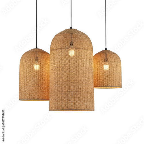 Three wicker pendant lamps hanging isolated on transparent background