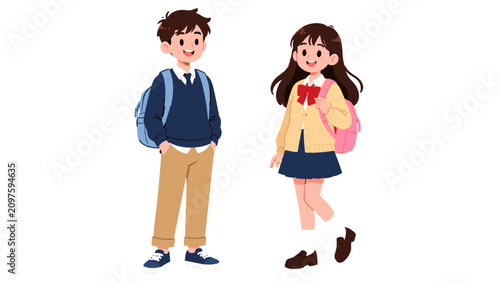 Fotografie Cute schoolboy and schoolgirl in uniform with backpacks
