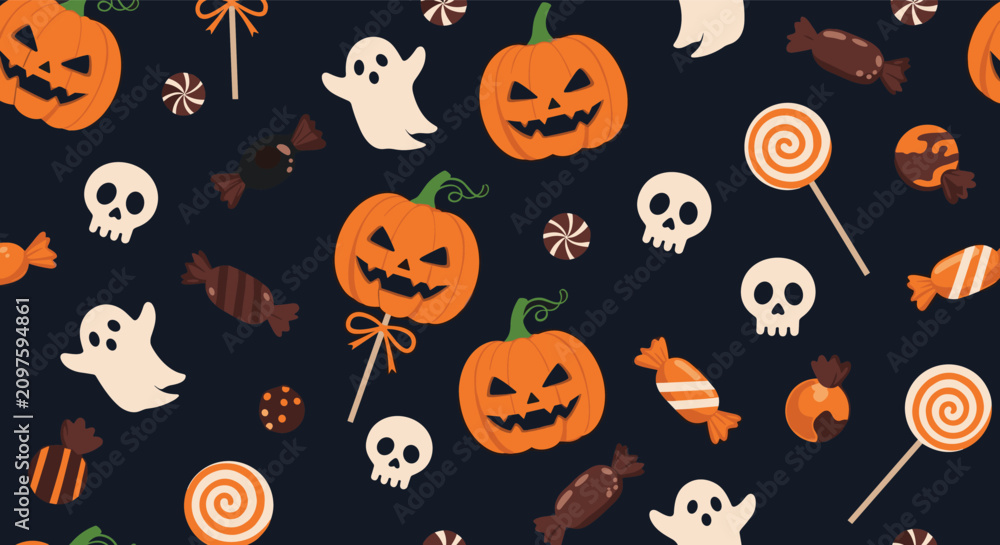 Fototapeta premium Seamless Halloween pattern featuring spooky carved pumpkins, white ghosts, skulls, and various colorful candies on a dark background.