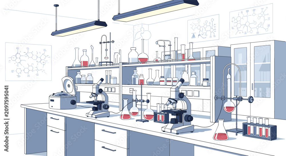 Fototapeta premium Modern science laboratory interior featuring microscopes, beakers, flasks, and various research equipment on white workbenches.