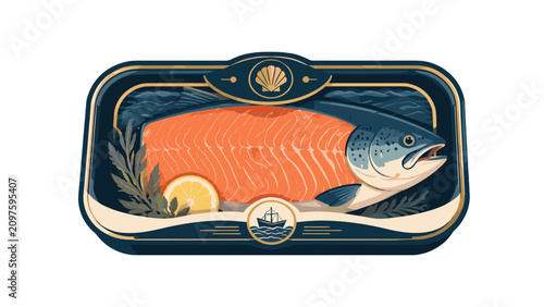 Vintage style canned salmon fillet vector packaging illustration