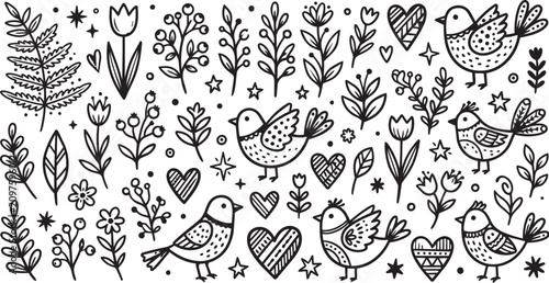 Cuadro en lienzo Charming black and white whimsical birds and botanical elements, featuring delic