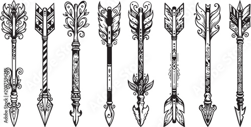 Konstfotografi Collection of eight medieval maces, meticulously traced with clean, sharp lines