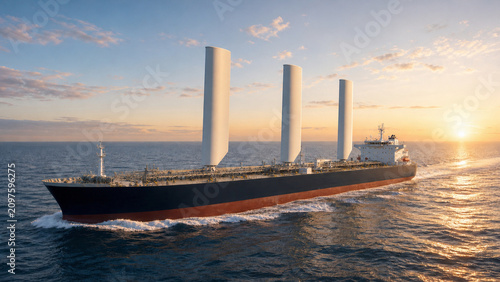 Premium rigid wing sail tanker at golden sunrise