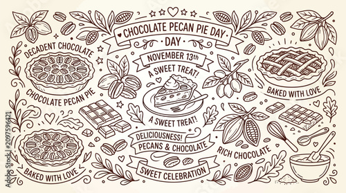 Canvastavla Hand-drawn illustration celebrating Chocolate Pecan Pie Day with pies, ingredients, and festive elements