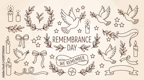 Bild auf Leinwand Remembrance Day doodle elements with doves, candles, laurels, and banners