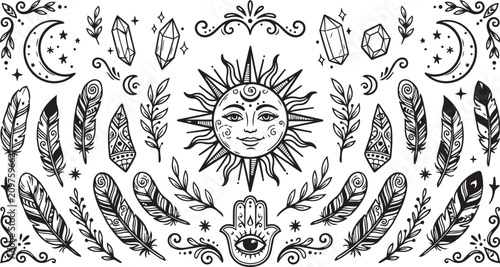Foto Intricate monochrome celestial sun and moon motifs, adorned with ornate botanica