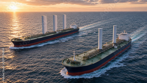 Rotor and rigid wing sail tankers at golden hour