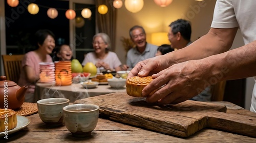 Family gathering sharing food and mooncakes during a festival celebration