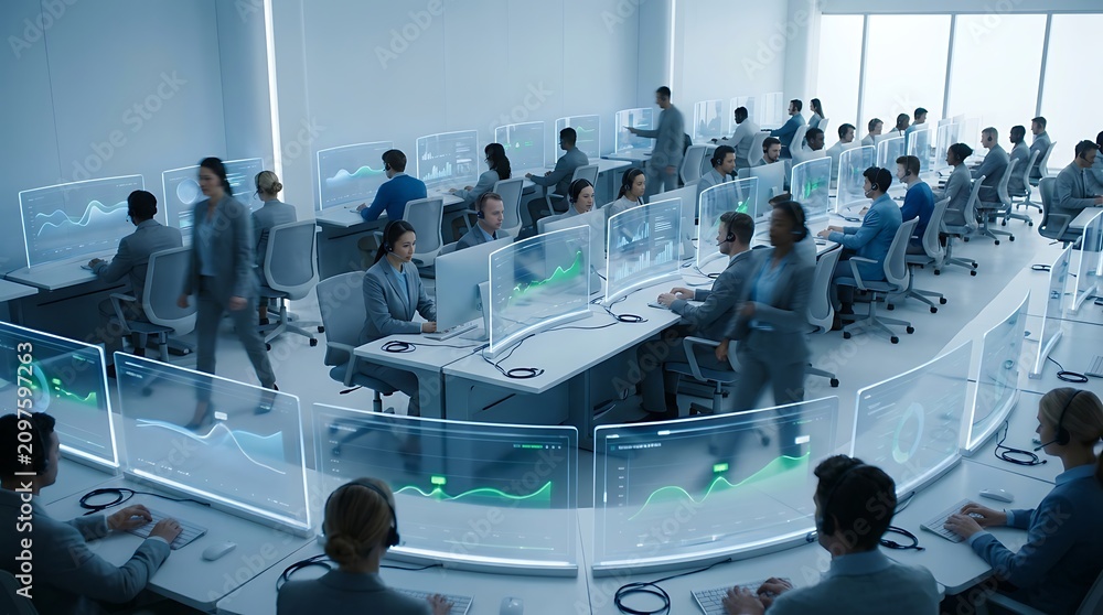 Obraz premium Diverse team working in futuristic high-tech data control center