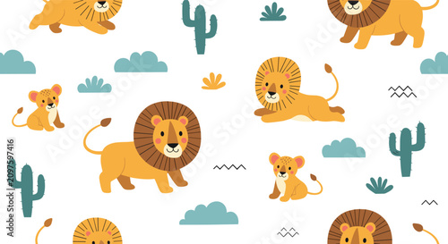 Playful seamless pattern featuring friendly cartoon lions, cute lion cubs, cacti, and blue clouds on a white background.