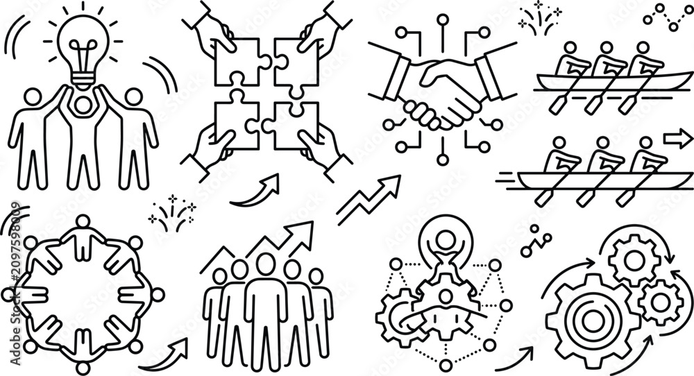 Fototapeta premium Business Teamwork and Corporate Partnership Concept Icon Set Featuring Handshake Puzzle Connection Rowing Crew Idea Brainstorming and Gear Mechanism Line Graphics