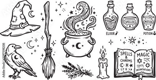 Whimsical hand-drawn vector elements featuring a witch's hat, cauldron with crescent moon, raven, potion bottles, candle, and spellbook, evoking a mystical, magical, and