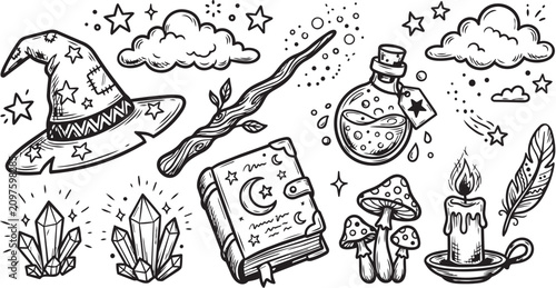 Whimsical hand-drawn vector elements featuring a wizard's hat, magic wand, potions, crystals, and a candle, evoking a playful and enchanting fantasy theme with clean lines and a