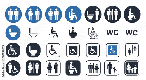 A collection of various public restroom and accessibility signage icons