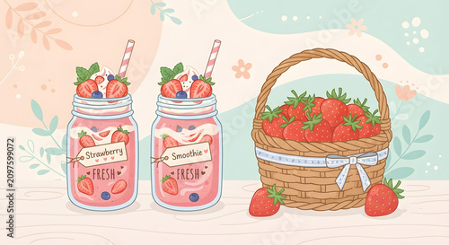 Two Mason Jar Strawberry Smoothies and a Basket of Fresh Strawberries